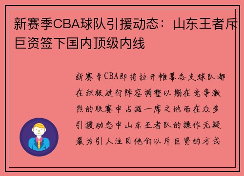 新赛季CBA球队引援动态：山东王者斥巨资签下国内顶级内线