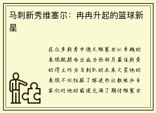 马刺新秀维塞尔：冉冉升起的篮球新星