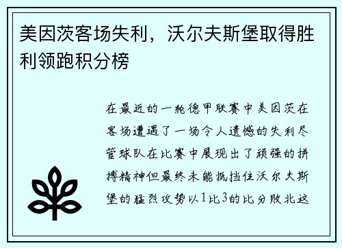 美因茨客场失利，沃尔夫斯堡取得胜利领跑积分榜